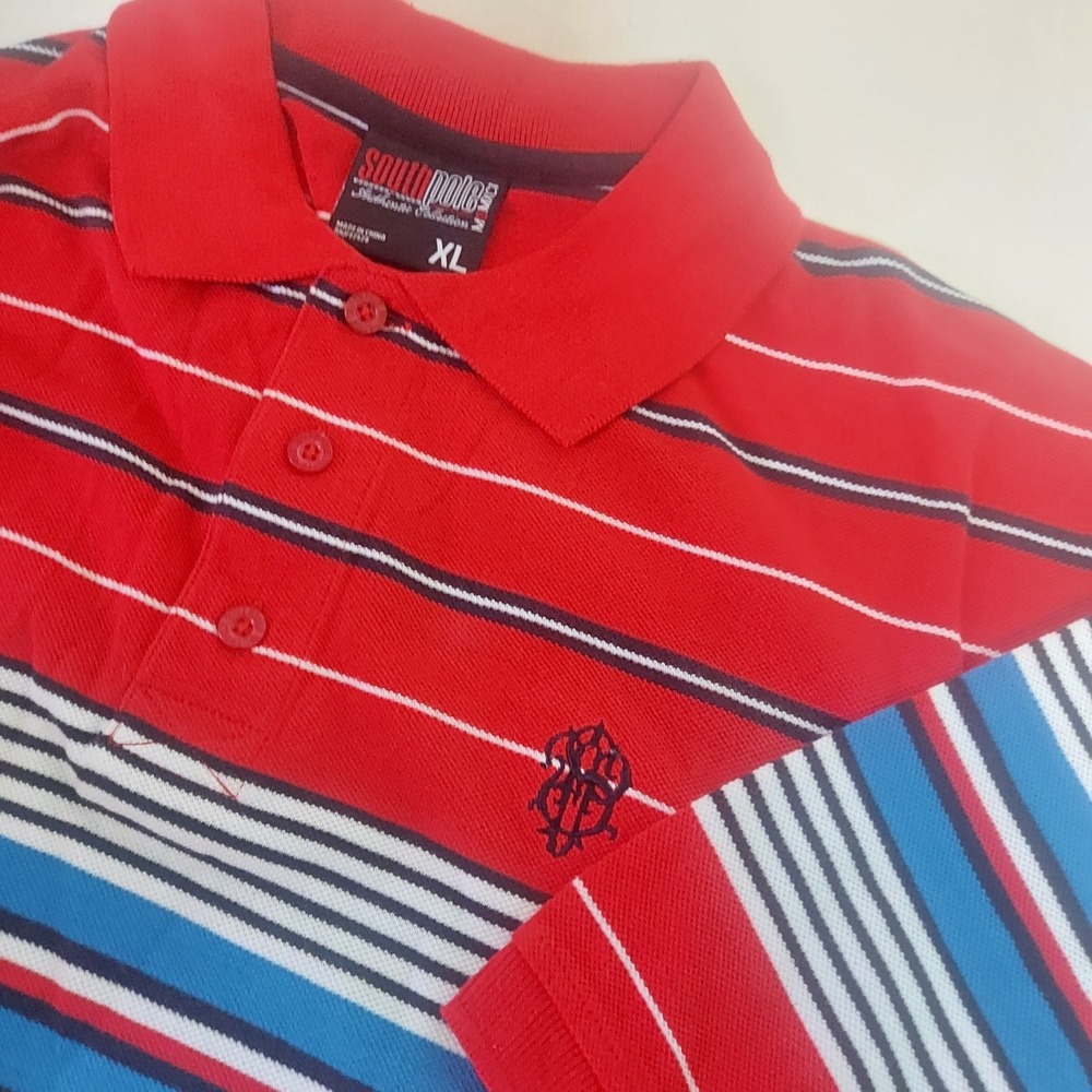 Southpole Mens XL Polo Shirt‎ Striped Red Blue White Short Sleeve